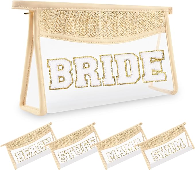 Small Boho Straw Clear Bride Makeup Bags for Women&Girls, Zipper Cosmetic Bag Chenille Varsity Letter Patch Bag, Preppy Cute Toiletry Pouch, Trendy Organizer Storage Bag for Beach Travel Essentials