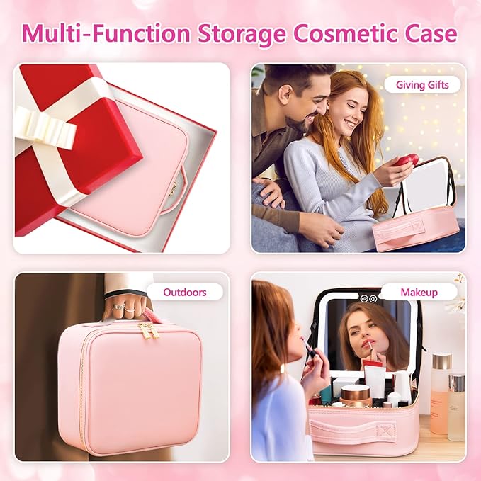 Travel Makeup Bag with LED Lighted Make up Case with Mirror 3 Color Setting Cosmetic Makeup Box Organizer Vanity Case for Women Beauty Tools Accessories Case Rechargeable