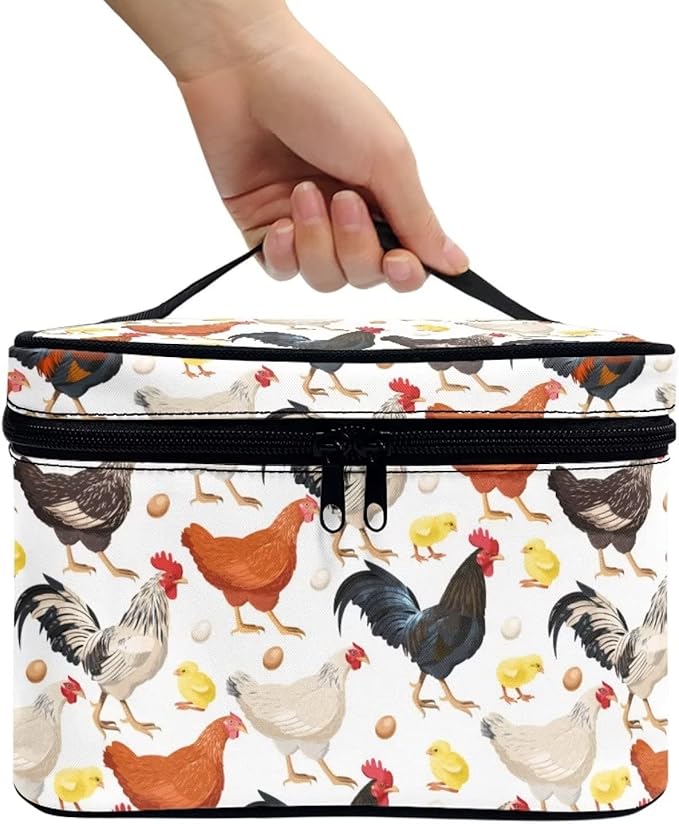 Cute Farm Chicken Rooster Print Travel Makeup Bag for Women Large Capacity Cosmetic Bags with Zipper And Handle Make Up Tote Bags Organizer Portable Brushes Case Toiletry Bags