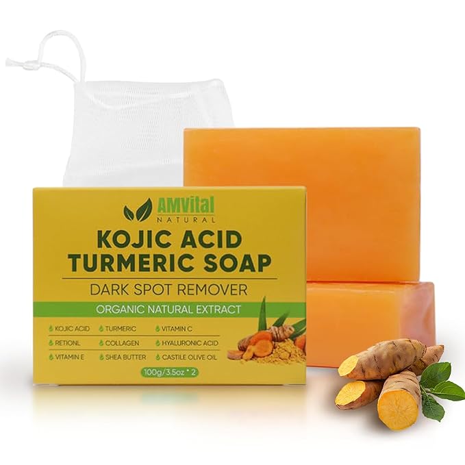 Turmeric Kojic Acid Soap Bars with Vitamin C, Retinol & Hyaluronic Acid – Face & Body Soap with Collagen & Shea Butter – 2-Pack Cleansing Bars for All Skin Types