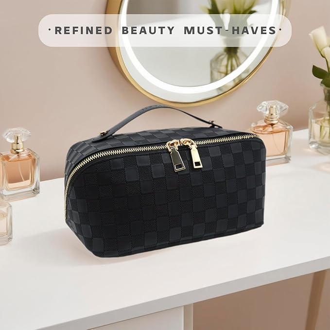 Travel Makeup Bag – Large Cosmetic Organizer with Waterproof PU Leather, Smooth Double Zipper & Tear-Resistant Lining, Toiletry Pouch for Women (Black)