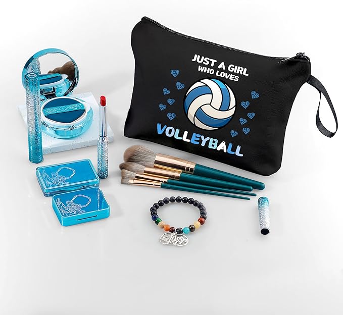 Volleyball Themed Travel Cosmetic Case, Blue, Cosmetic Bag, Zipper Closure, Women, Youth Girls