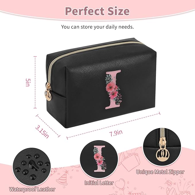 Personalized Initial Makeup Bag, Birthday Gifts for Women and Girls, Small Makeup Pouch Travel Toiletry Bag, Make Up Organizer Bag Gift Trendy Stuff for Friend Mom Teacher, Black