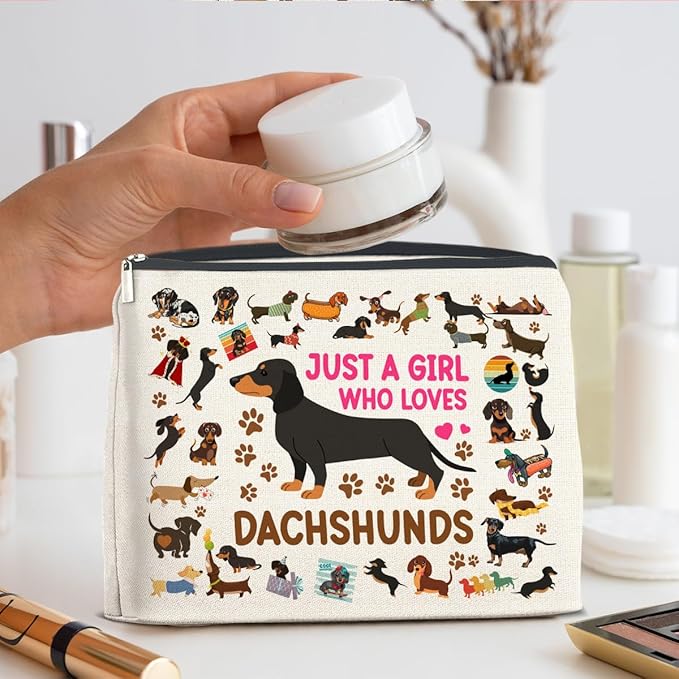 Dachshund Gifts Makeup Bag Weiner Dog Gifts for Girl Women Dog Lovers Cosmetic Bag Just a Girl Who Loves Dachshund Zipper Makeup Pouch Gift