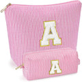 2 PCS Initial Makeup Bags for Women: Cosmetic Bag for Travel Toiletry - Birthday Gifts for 11 12 13 14 15 16 17 18 Years Old Girl Graduation Teacher Gift- Teen Girl Gifts Trendy Stuff - Pink A