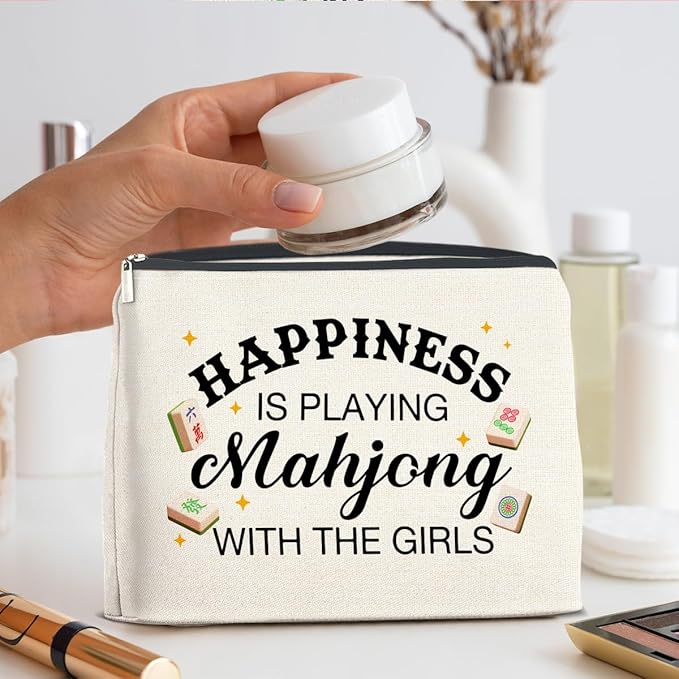 Mahjong Lovers Makeup Bag - Mahjong Gifts for Players - Happiness Is Playing with the Girls - Cosmetic Bag Zipper Makeup Pouch