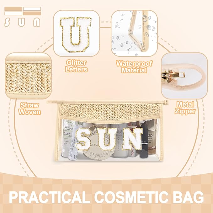Small Boho Straw Clear Sun Makeup Bags for Women&Girls, Zipper Cosmetic Bag Chenille Varsity Letter Patch Bag, Preppy Cute Toiletry Pouch, Trendy Organizer Storage Bag for Beach Travel Essentials