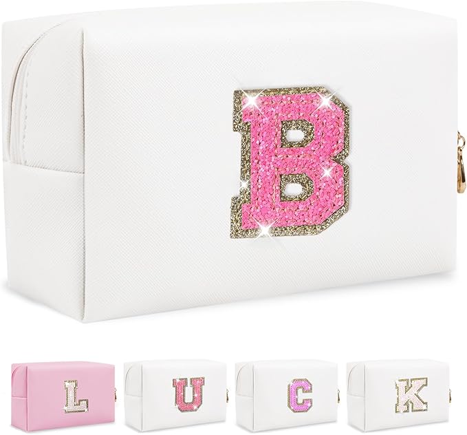 Personalized Initial Letter Makeup Bag, Preppy Glitter Letter Patch Cosmetic Pouch Zipper,PU Waterproof Travel Toiletry Bag Cute Makeup Organizer Monogrammed Make Up Bag,Gift for Women Girls(Letter B)