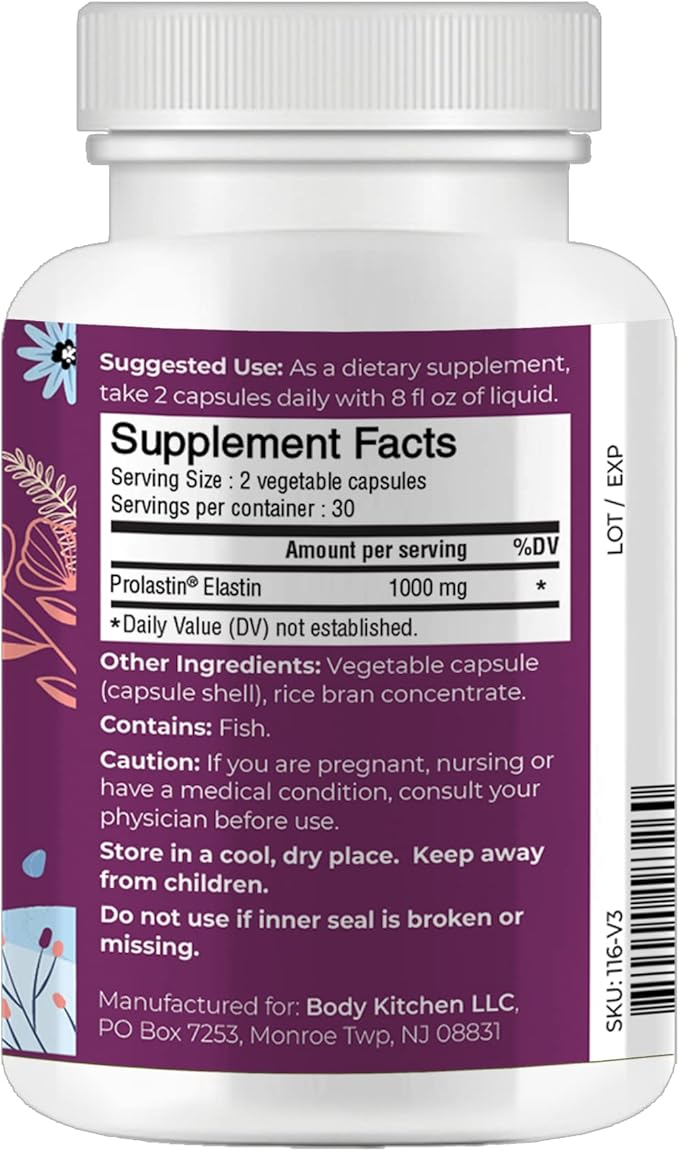 Body Kitchen Pro-Elastin 1000 mg Elastin Supplement, Reduce Signs of Aging, Improved Skin Health, Firmness & Elasticity, Fewer Wrinkles, Veggie Caps (Pack of 3)