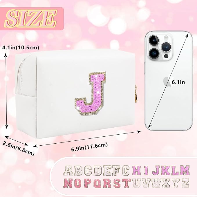 Initial Letter Patch Makeup Bag, Small Preppy A-Z Glitter Letter Cosmetic Bag, PU Leather Waterproof Travel Toiletry Bag, Cute Make Up Pouch Personalized Monogrammed Gift for Women Teen Girls