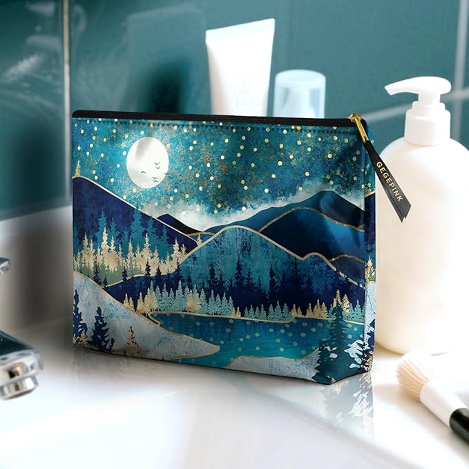 Cute Makeup Bag for Purse Waterproof Cosmetic Bags for Women Funny Smooth Zipper Travel Toiletry Pouch 10X8 Inches-Green Mountain Moon Lake Makeup pouch