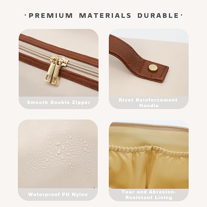 Travel Makeup Bag – Large Cosmetic Organizer with Waterproof Nylon, Smooth Double Zipper & Tear-Resistant Lining, Toiletry Pouch for Women (Beige)