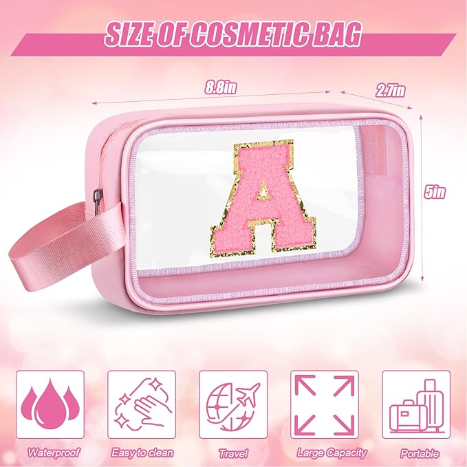 Initial Makeup Bag,Letter A Cute Clear Monogrammed Cosmetic Travel Bag for Womens Girls,Personalized Pink Aesthetic Traveling Make Up Organizer Bag for Beach,Waterproof Toiletry Bag