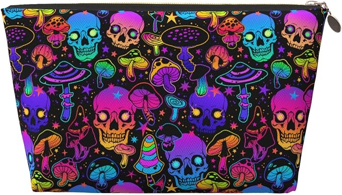 Mushrooms Skulls Small Makeup Bag for Women - Leather Travel Cosmetic Bag Make Up Pouch Mini Travel Zipper Pouch - Makeup Organizer Bag