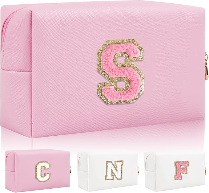 Iqimott Personalized Initial Letter Patch Makeup Bag, Preppy Small Chenille Letter Cosmetic Bag with Zipper, PU Leather Waterproof Travel Toiletry Bag Monogram Make Up Pouch for Women Girls(Letter S)