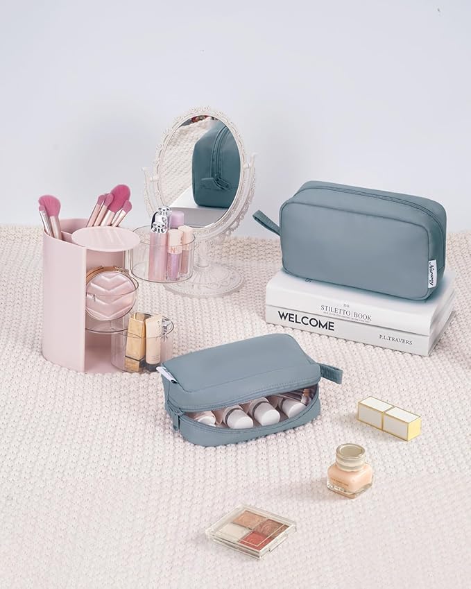Narwey Cute Makeup Bag Small Toiletry Bag Travel Cosmetic Bag Organizer Make Up Bags with Organized Pockets for Women (Greyish Blue, Large)