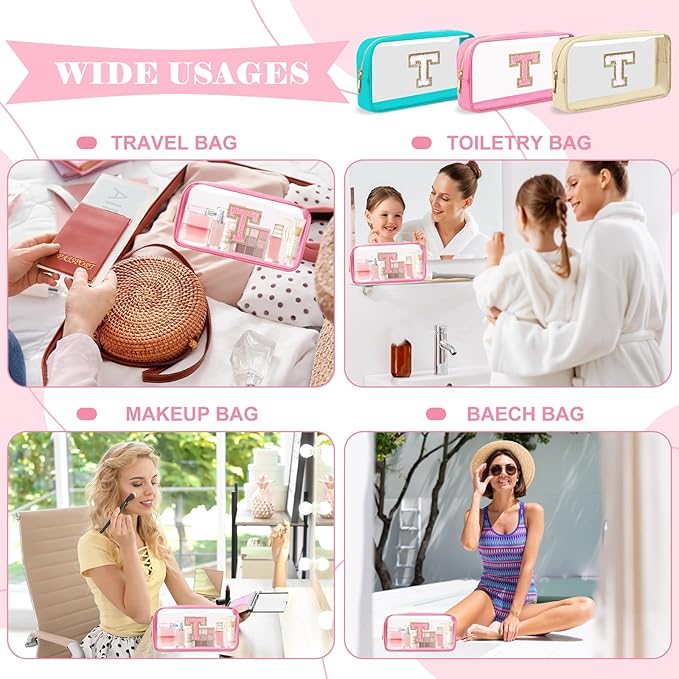 Personalized Initial Letter Clear Makeup Bag,Preppy Small Nylon&PVC Cosmetic Zipper Bag with Chenille Letter,Portable Beach Travel Skincare Toiletry Bag,Trendy Monogram Gift for Teen Girls Women,T
