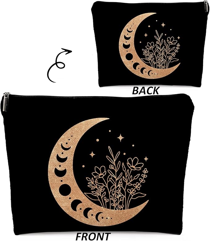 Boho Floral Celestial Crescent Moon Phase Makeup Bag, Mystical Crescent Moon Linen Makeup Travel Toiletry Bag, Abstract Floral Moon Cosmetic Bag Gifts For Girls Women Daughter Sister