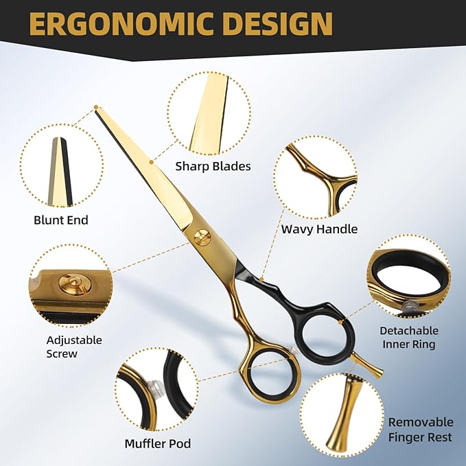 Hair Cutting Scissors Kit - 9 PCS Professional Haircut Scissors Set with Stainless Steel Straight and Thinning Shears for Home, Salon, and Barber Use (Black & Gold)