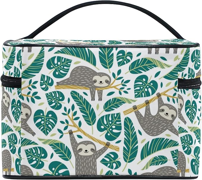 Makeup Bag, Cute Sloths And Tropical Palm Leaves Travel Makeup Organizer Bag Cosmetic Cases Toiletry Bags for Girl Women Ladies