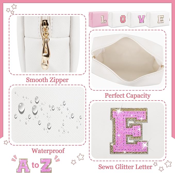 Personalized Initial Letter Makeup Bag, Preppy Glitter Letter Patch Cosmetic Pouch Zipper,PU Waterproof Travel Toiletry Bag Cute Makeup Organizer Monogrammed Make Up Bag,Gift for Women Girls