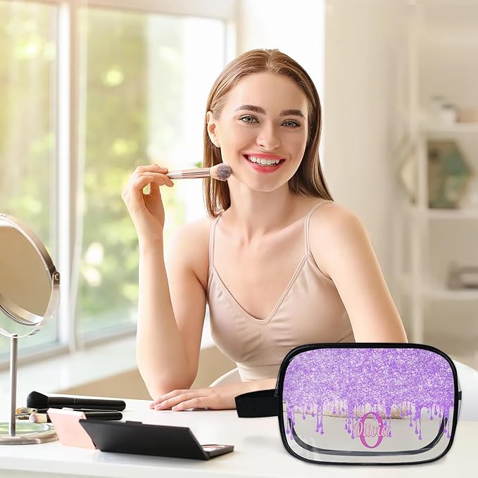 Personalized Travel Cosmetic Bag Waterproof Makeup Bags, Custom Name Clear PVC Organizer Case Toiletries Container Bag, Romantic Purple Curtain Glittering