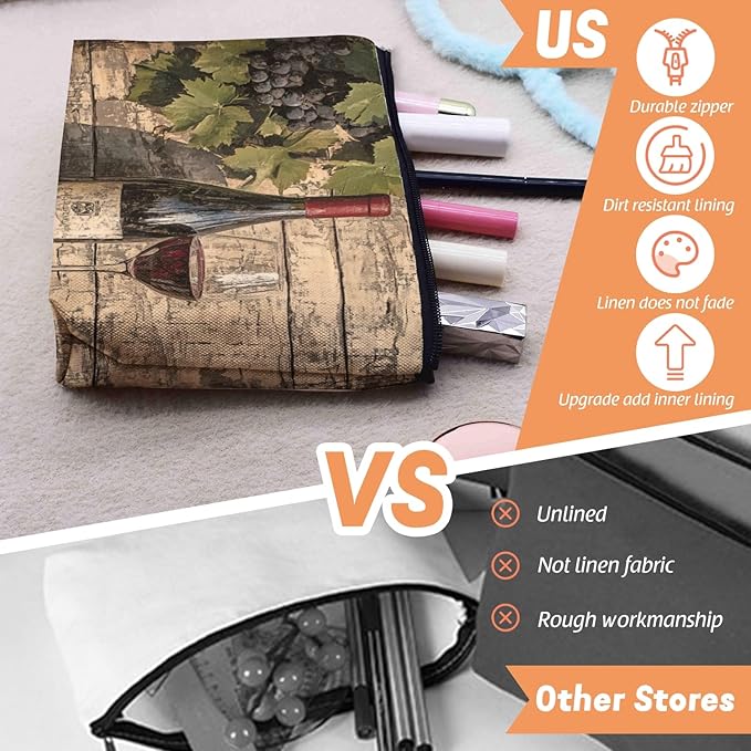 Cosmetic Bags Travel Makeup Toilet Case Waterproof Pouch for Women Girls 6.7X9.45inches - Glass And Grapes on An Aged Wooden Background