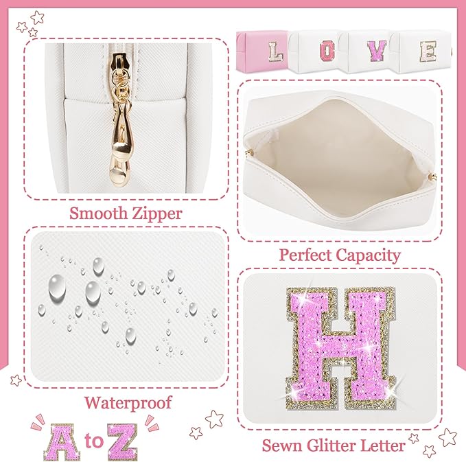 Personalized Initial Letter Makeup Bag, Small Glitter Letter Patch Cosmetic Pouch Zipper, Preppy Makeup Organizer PU Waterproof Travel Toiletry Bag, Monogrammed Birthday Gift for Women Girls