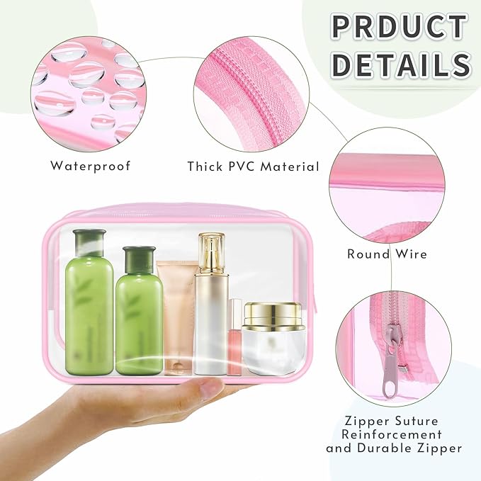 16 Pieces Clear Makeup Bags Bulk, TSA Approved Toiletry Bags Travel Pouch, Waterproof PVC Plastic Small Clear Cosmetic Bags with Zipper for Organizing (Pink Border)