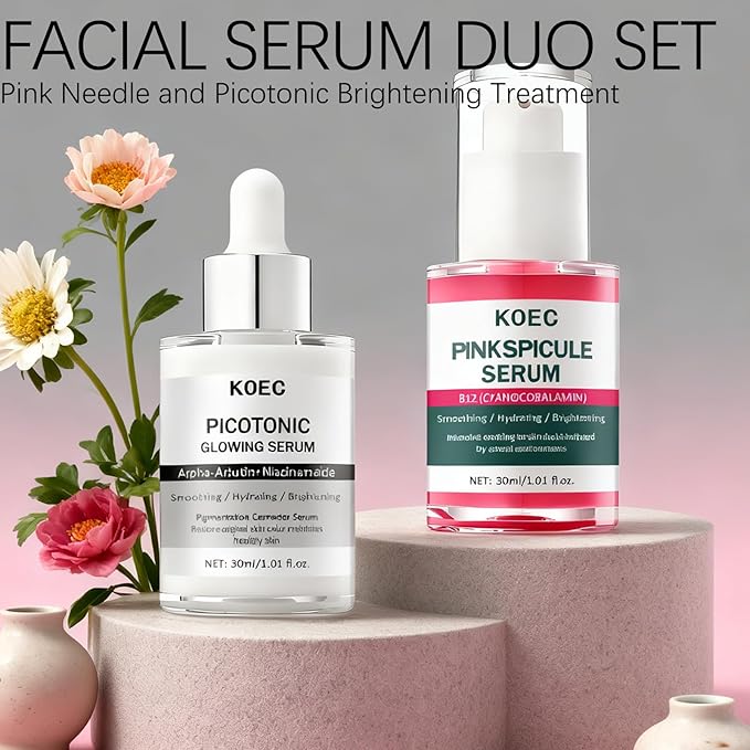 Dual-Action Acne Serum & Pico Tonique Essence Set - Minimizes Pores · Evens Skin Tone, Featuring Calcium Arbutin Ampoules, Niacinamide, Collagen - 1.01 fl oz (2-Bottle Set) (1)