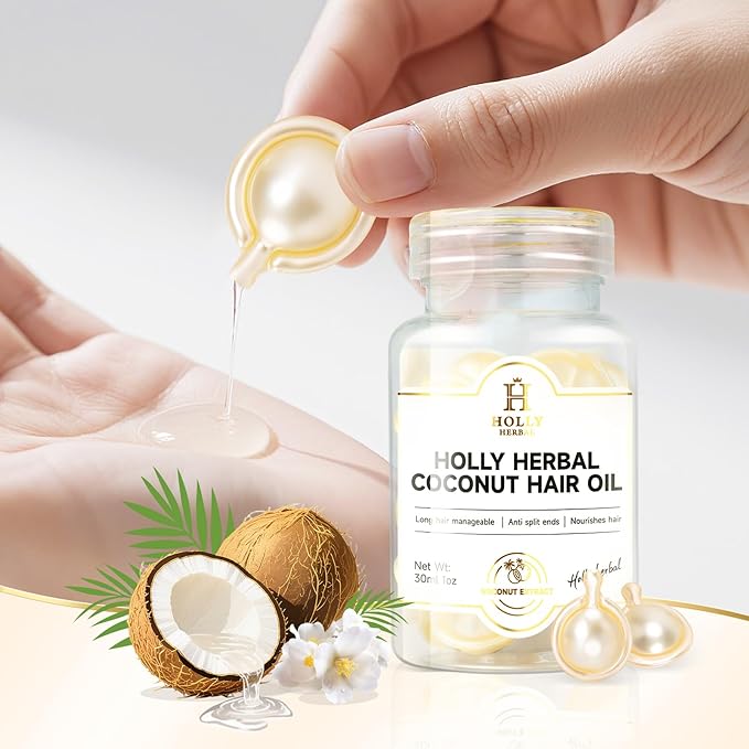 HOLLY HERBAL Coconut Hair Serum Capsules - 6 Nourishing Oils | Jojoba, Olive, Macadamia - Lightweight, Split Ends Repair & Frizz Control, Moisturizing No-Rinse Hair Treatment (30 Count)