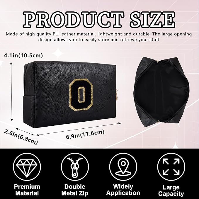 Personalized Initial Letter Patch Makeup Bag, Preppy Portable Chenille Cosmetic Bag with Zipper, PU Leather Waterproof Travel Toiletry Bag Monogram Make Up Pouch for Women Girls