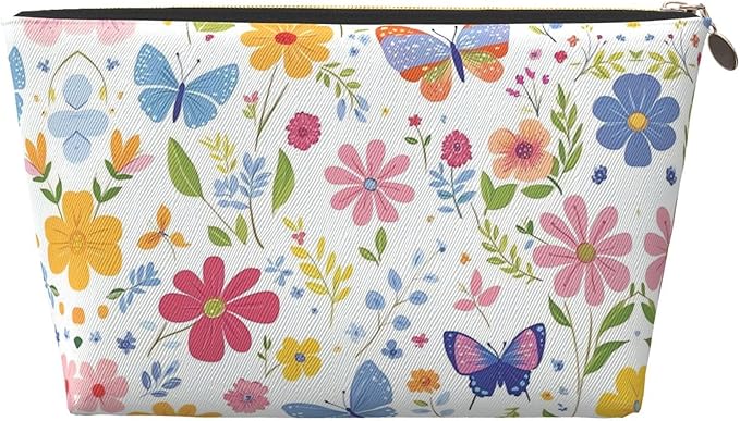 Womens Leather Makeup Bag Cosmetic Bag Travel Toiletry Bags Make Up Bags for Women Adult (Floral Butterflies)