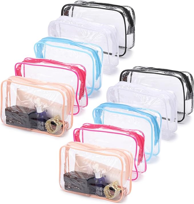 Tbestmax 10 Pcs Clear Cosmetic Bags Small Makeup Bags Portable Waterproof Travel Toiletry Bags Colorful Organizer, 7.5"x 4.8"x 2.3"