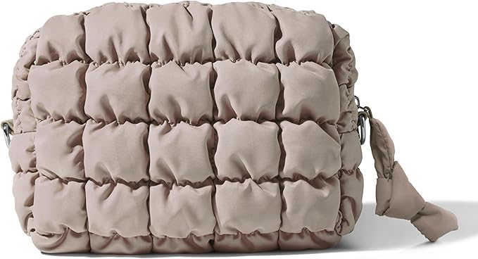 Yarnic Quilted Makeup Bag Puffy Cosmetic Bag, Travel Toiletry Bag for Women, Cute Makeup Bag Organizer Puffer Makeup Pouch (M, Taupe)
