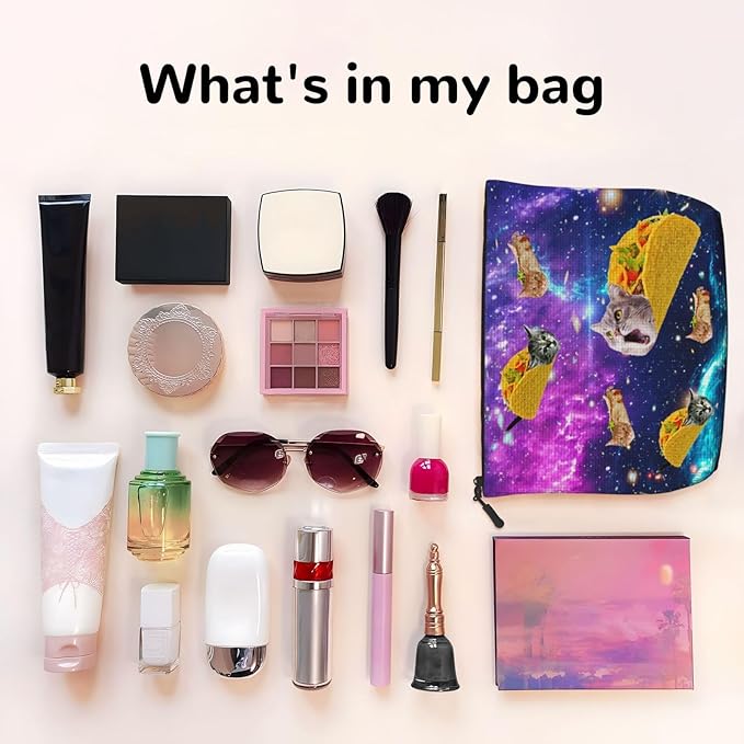 MOLAIGIN Blue Purple Galaxy Cat Taco Cosmetic Bag For Women, Travel Makeup Bag, Toiletry Zipper Bag, Large Capacity Aesthetic Cases