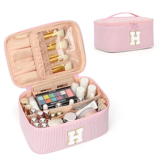 OCHEAL Makeup Bag for Women, Monogram Cosmetic Bag with Brush Holder, Pink Travel Makeup Case Beauty Toiletry Bag Organizer Personalized Gifts for Girls Bridesmaid, Sister, Wife, Friends Initial H