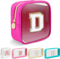 Mini Clear Personalized Initial Makeup Bag,Nylon Preppy A-Z Chenille Letter Patch Zipper Cosmetic Bag, Small Cute Beach Pouch Travel Purse Sanitary Napkin Storage Bag for Women Girls(Hot Pink-White D)
