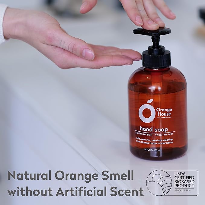 ORANGE HOUSE Natural Liquid Hand Soap, Food-Grade Orange Oil Moisturizing Hand Wash, Plant-Based & Hypoallergenic, Gentle for Sensitive Skin, Non-Toxic Citrus Scented Soap, 12 Fl Oz (6 Pack)