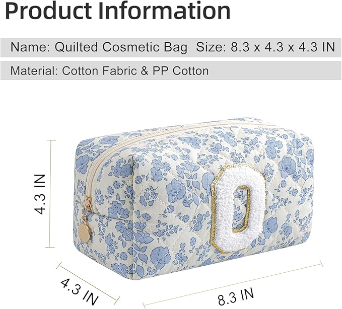 Gleyemor Personalized Initial Makeup Bag for Women, Cute Quilted Blue Floral Cotton Cosmetic Bag, Christmas Gifts for Her Mom Friend Sister Bridesmaid Teacher Women O