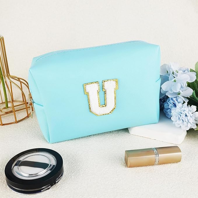 Gifts for Girls Initial Makeup Bag Personalized Cosmetic Bag with Zipper Cute Travel Toiletry Bag Waterproof PU Preppy Makeup Pouch Birthday Gift for Teen Girls Women(Blue U)