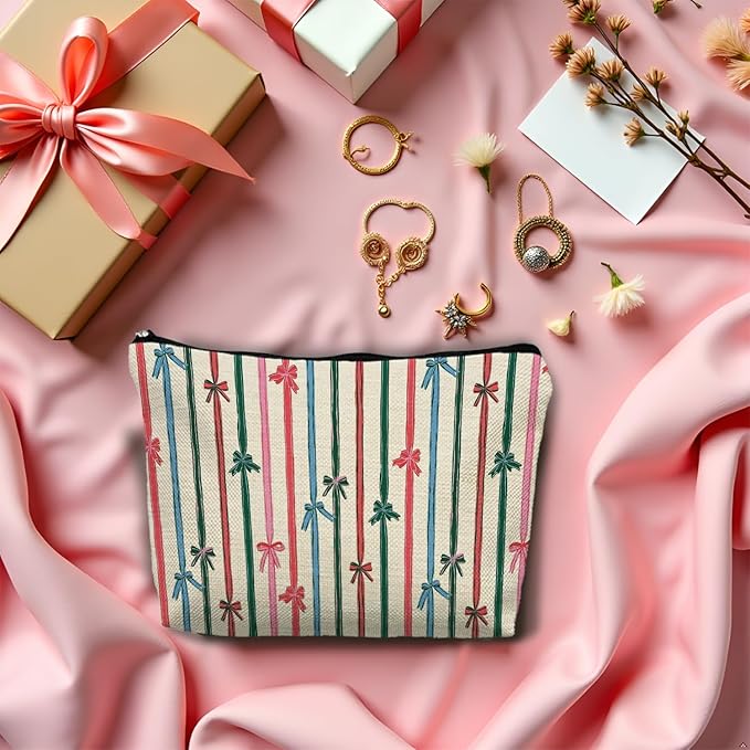 Coquette Christmas Ribbon Bow Makeup Bag, Preppy Red Green and Pink Striped Christmas Cosmetic Bags Gifts for Women, Girly Xmas Portable Travel Toiletry Bag Zipper Makeup Pouch