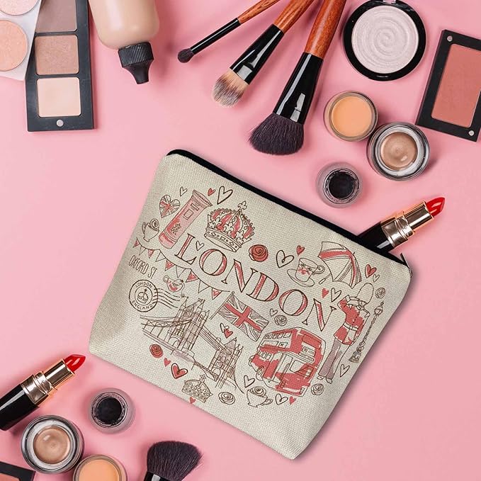 Women Makeup Organizer Bag London, Heart Shape I Love London Quote Flax Cosmetic Bag Makeup Bags Toiletry Bag Accessories Organizer Travel Bags For Home Bathroom Office Hotel Gym