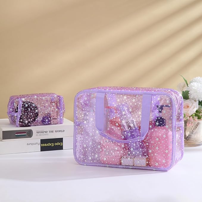 Yaopeing 2Pcs PVC Clear Makeup Bag Organizer for Women,Star Transparent Cosmetic Case Travel Toiletry Pouch with Zipper,Large Make Up Purse for Daily Accessory,Purple