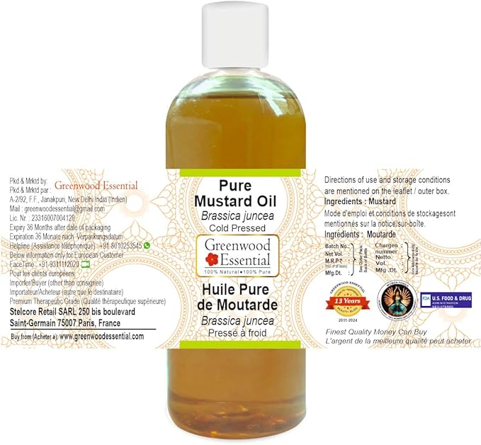 Greenwood Essential Mustard Oil (Brassica juncea) | Cold Pressed | Natural | Undiluted | For Diluting Essential Oils | For Skin & Massage | Men & Women | 200ml (6.76 oz)
