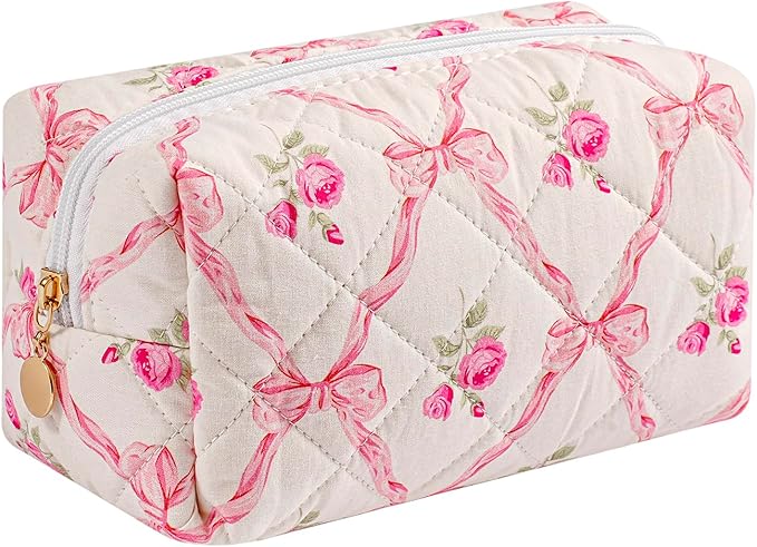 JOVAKIT Square Makeup Bag Cute Cosmetic Bag for Women, Floral Coquette Aesthetic Toiletry Bag, Zipper Make Up Pouch, Travel Make Up Organizer Bag (Pink Bowknot)
