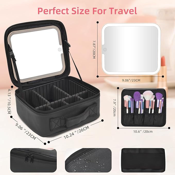 Travel Makeup Bag with LED Mirror,Removable Mirror with 3 Color Modes,Portable makeup travel organizer for Women,Makeup Case with 8 Adjustable EVA Dividers,Cosmetic Train Case with Lighted Mirror