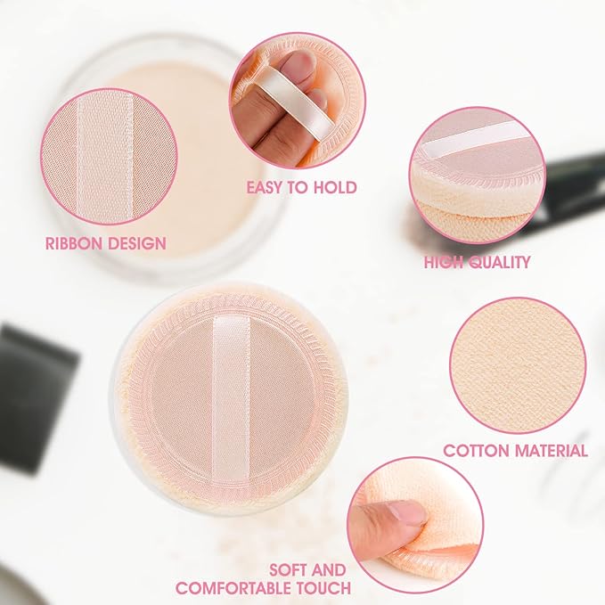 Sibba Loose Powder Puff 12 Pieces Round Velour Face Makeup Compact Body Container Setting Pressed Blending Foundation Cream Make Up Ribbon Strap Sponge Cushion Applicator (Skin Color)