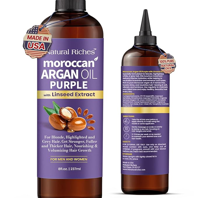 Natural Riches Moroccan Argan Oil Purple, Anti-Brass Hair Treatment with Linseed Extract for Silver Blonde Platinum Hair removes Yellow & Brass tones. Grey Highlighted Hair 8 fl oz