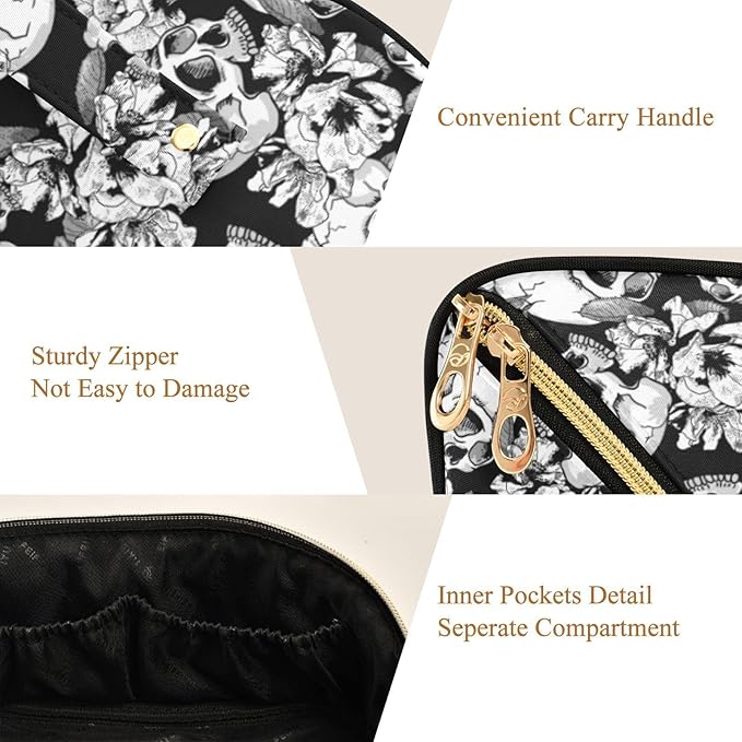 Makeup Organizer Bag, Skull and Flowers Travel Makeup Bags Makeup Vanity Case Large Capacity Rhombus Cosmetic Toiletry Bag for Girl Women Ladies